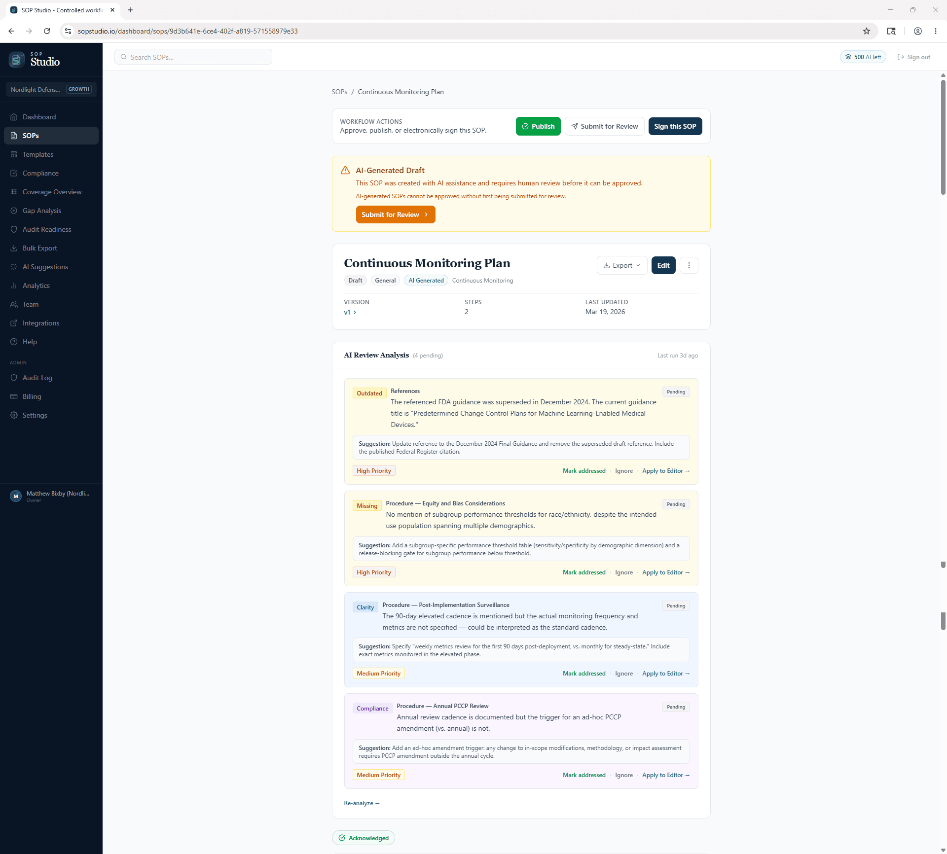 AI review analysis flagging outdated references and missing content in a Continuous Monitoring Plan