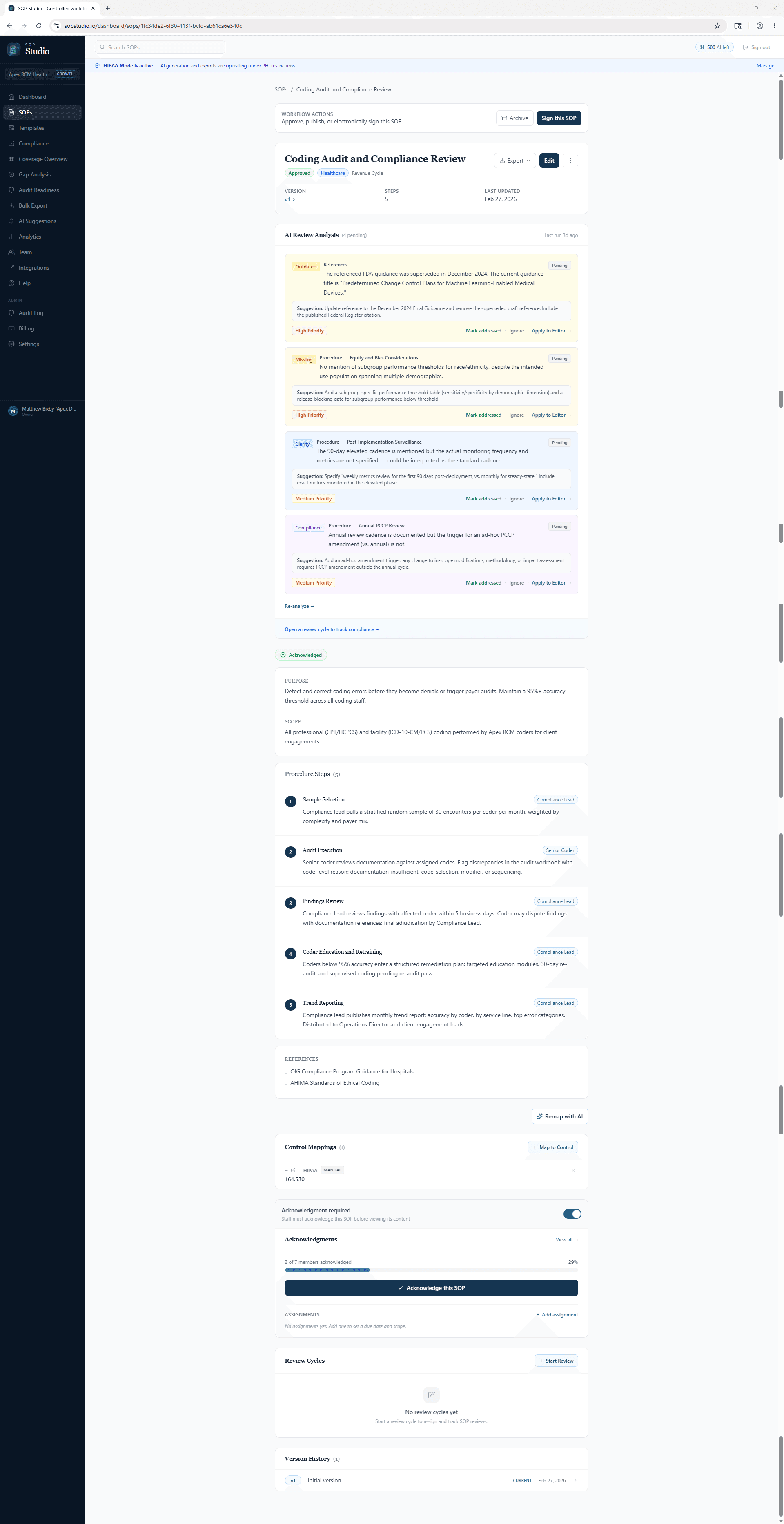 AI review analysis flagging outdated references and missing procedure content in an SOP