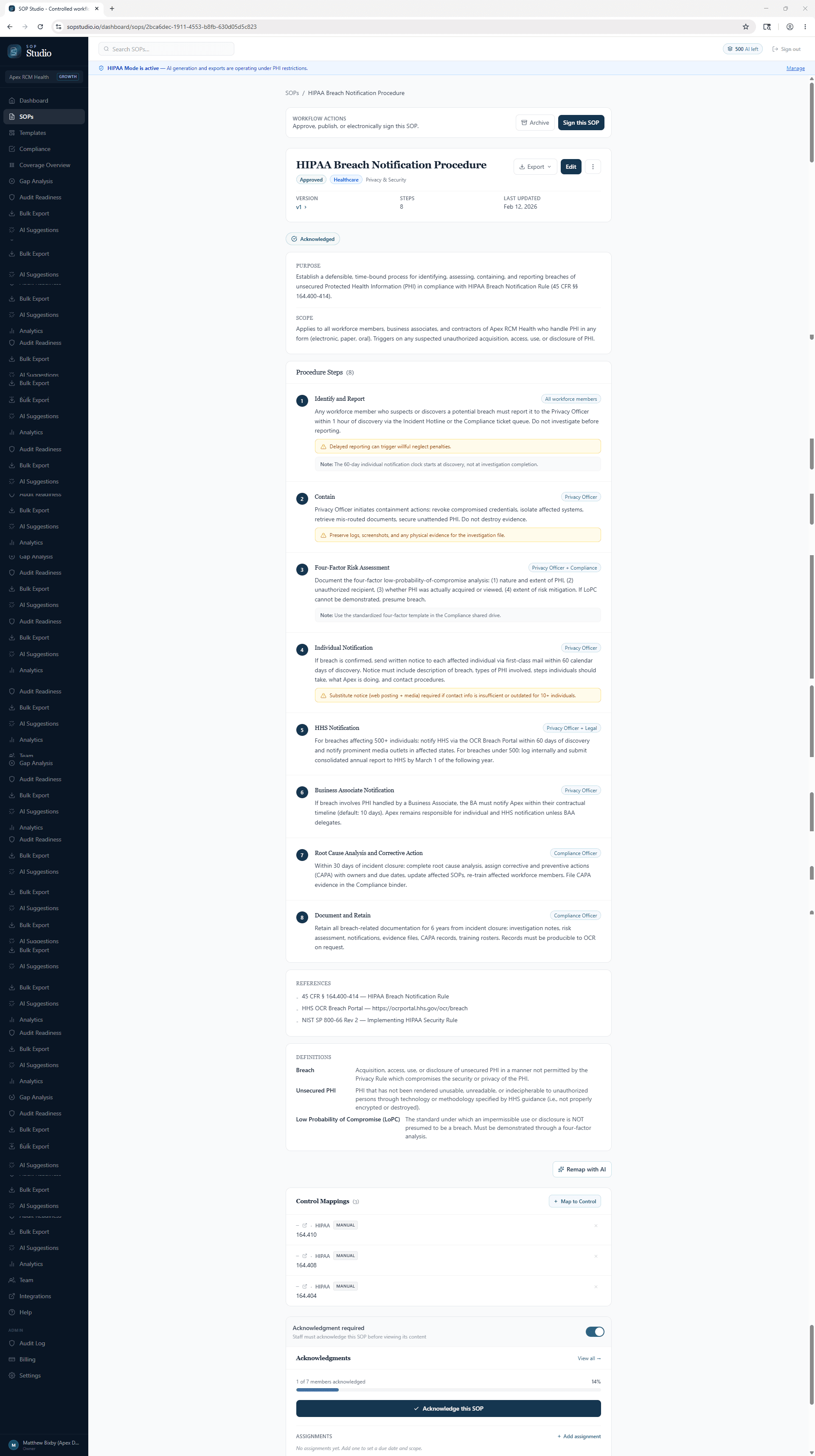 A HIPAA Breach Notification SOP showing approver, acknowledgments, version history, and control mappings