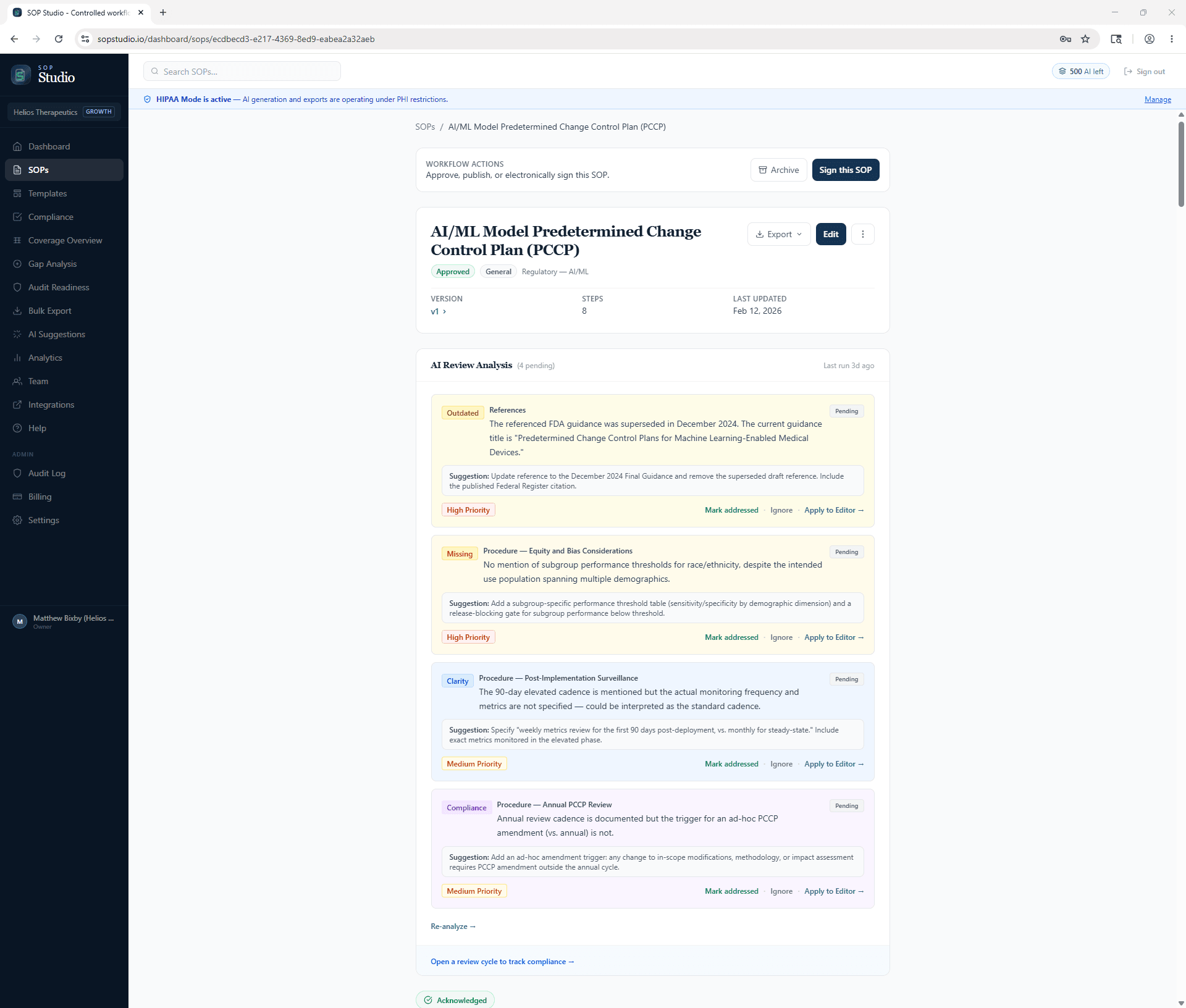 AI review analysis flagging outdated regulatory references and missing content in a life sciences SOP