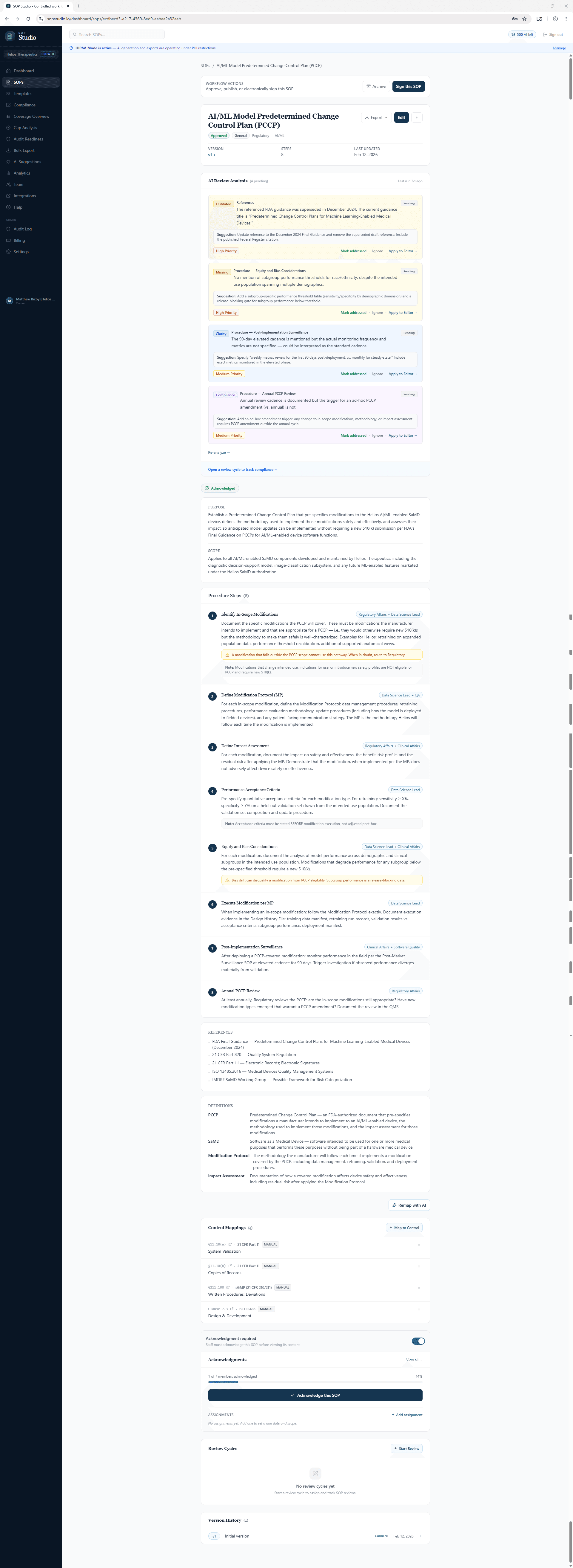A controlled AI/ML Predetermined Change Control Plan SOP with approver, acknowledgments, control mappings, and version history